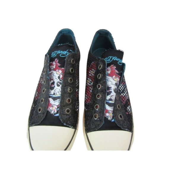 Y2K Don-Ed Hardy Black Lace less Fishnet/Mesh Skull Sneakers Size 10 - Picture 2 of 9